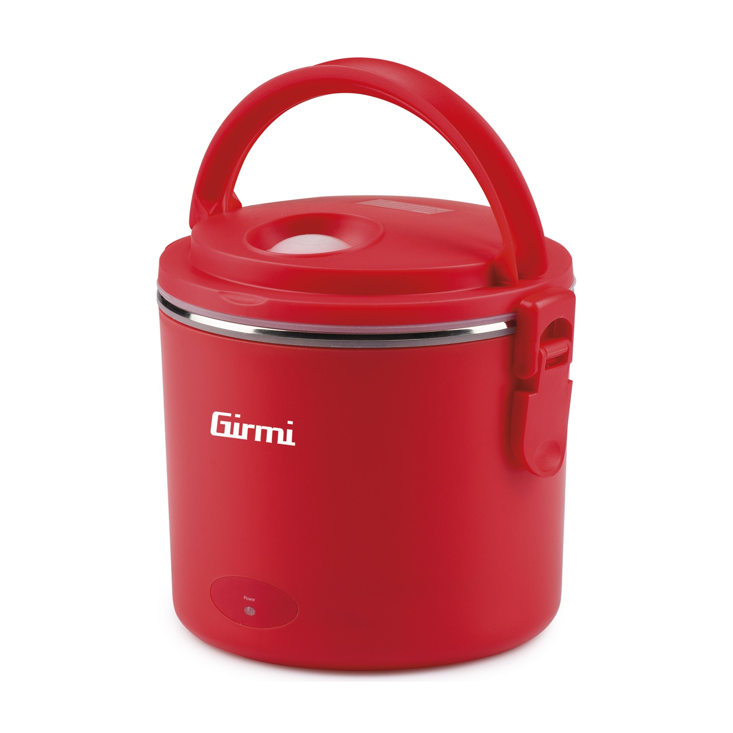 Un portavivande elettrico rosso con manico. Ha un coperchio, una fascia argentata e un pulsante di accensione. Il marchio 'Girmi' è visibile.