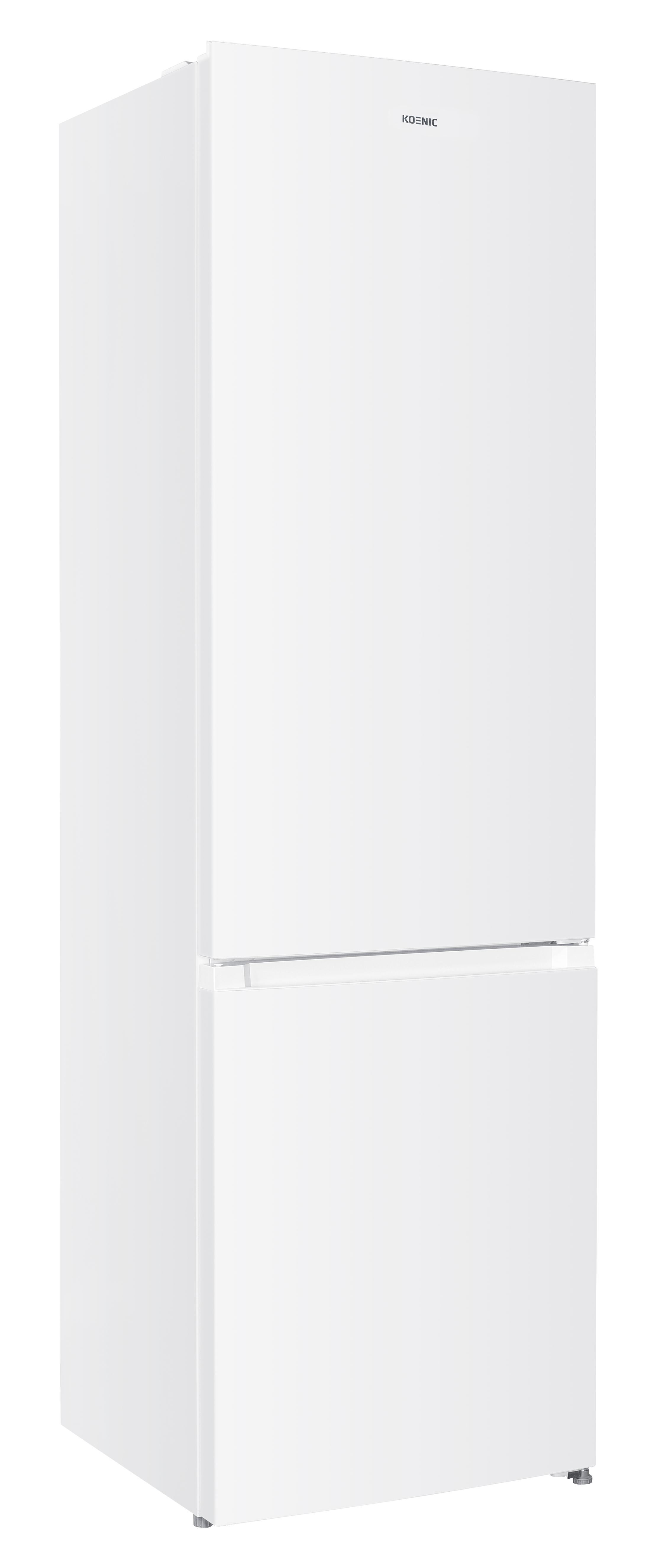 Biała lodówka Kosnic. Ma dwoje drzwi, dolne to szuflada. Nazwa marki jest na górze.