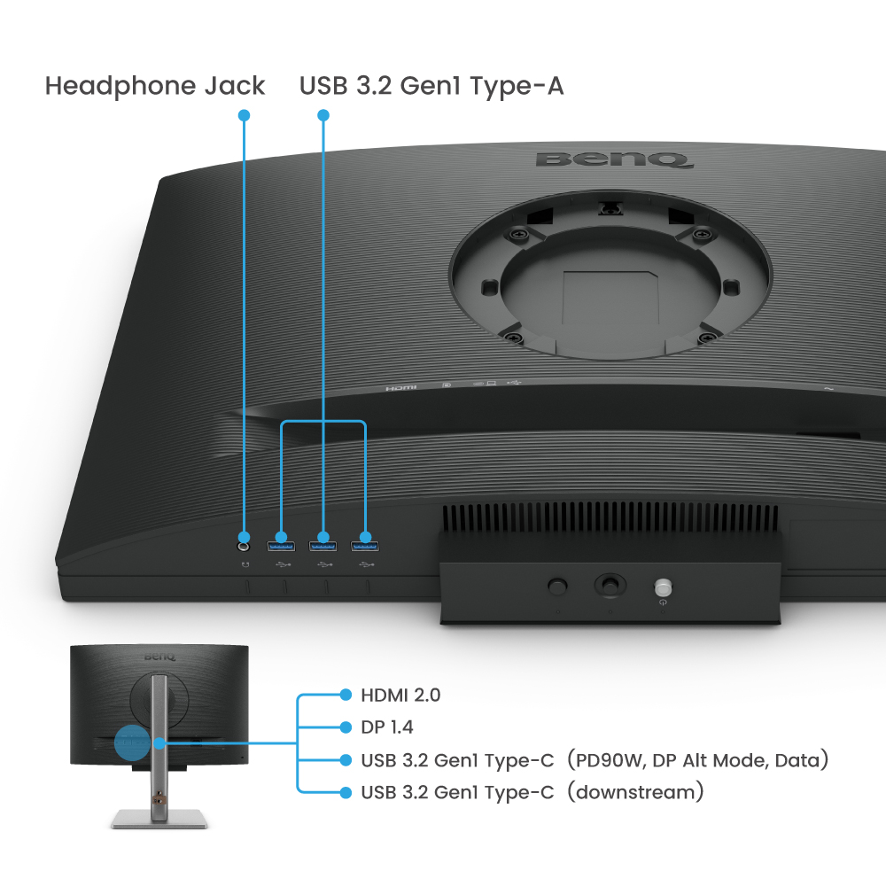 Siyah bir BenQ monitörün arka görünümü, bağlantı noktalarını gösterir: kulaklık jakı, USB, HDMI, DP ve USB-C. Monitörün standı da görünür.