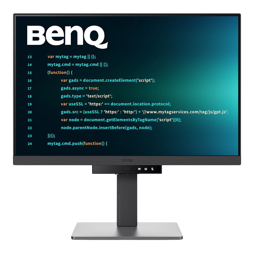 Bir BenQ monitör, ekranında kod görüntüler. Monitör, gümüş bir tabana sahip siyahtır. Kod çoğunlukla mavi ve beyazdır.
