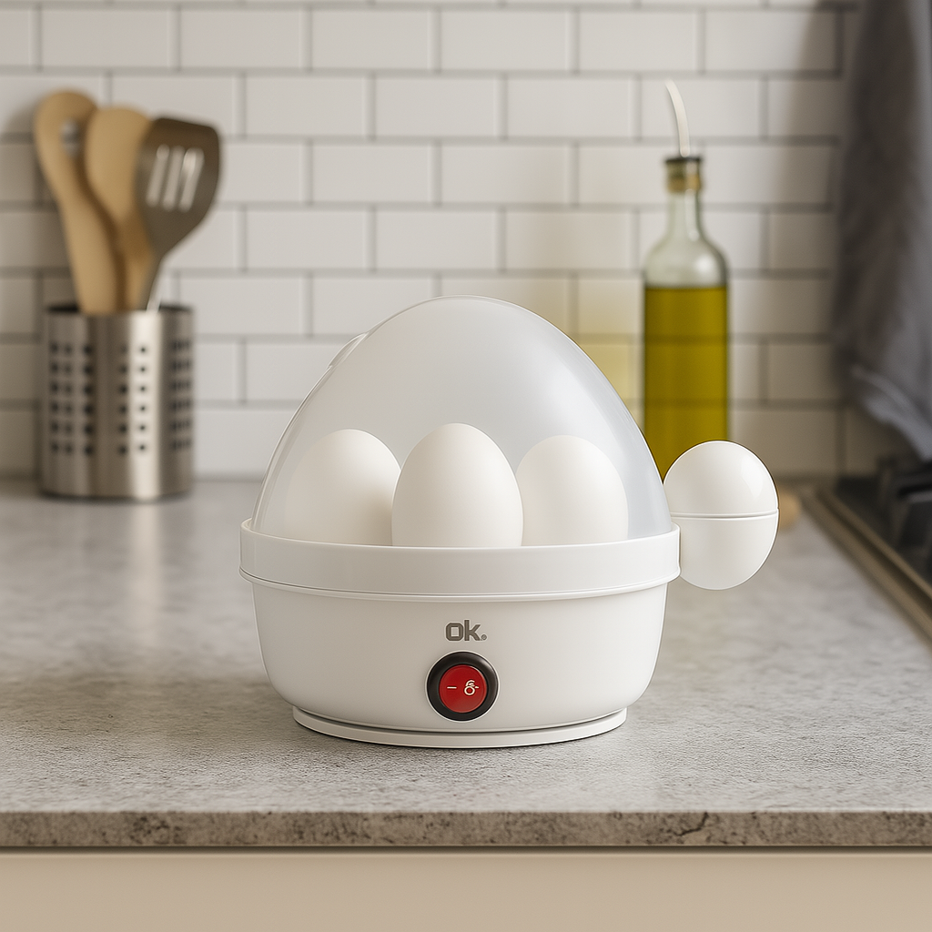 Białe urządzenie do gotowania jajek z trzema jajkami stoi na blacie. W tle przybory kuchenne i butelka oleju.
