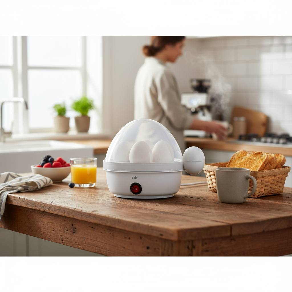 Scena kuchenna z jajowarem, jajkami, tostami, sokiem i kobietą w tle. Śniadanie gotowe.