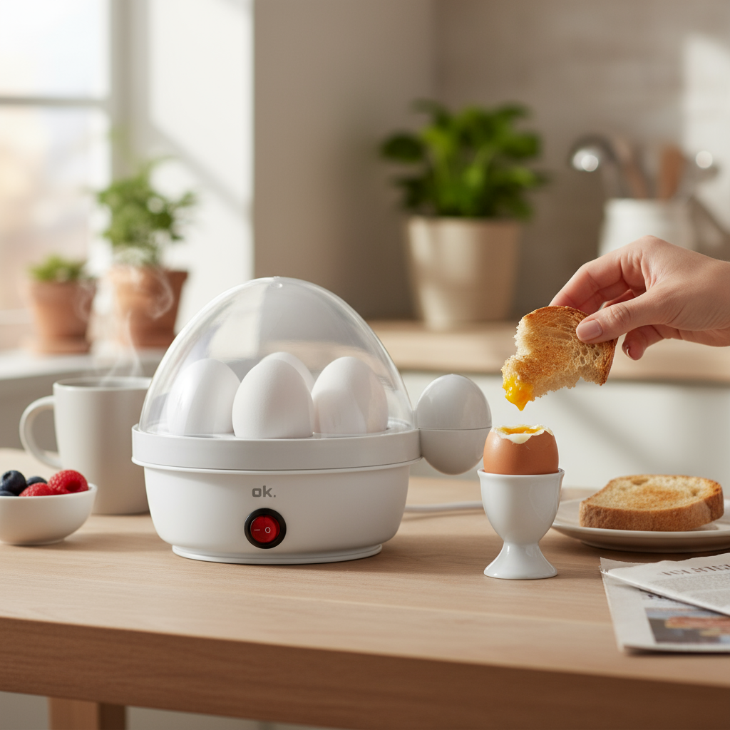 Białe urządzenie do gotowania jajek z jajkami. Ręka macza tost w jajku na miękko. Na stole jest też filiżanka, jagody i tost.