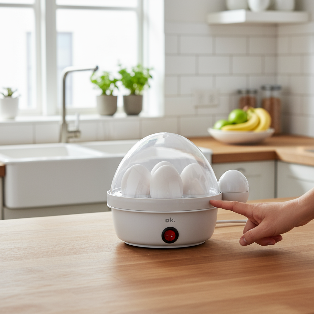 Gotowarka do jajek z jajkami w środku. Ręka naciska przycisk. Tło: kuchnia ze zlewem, oknem i roślinami.