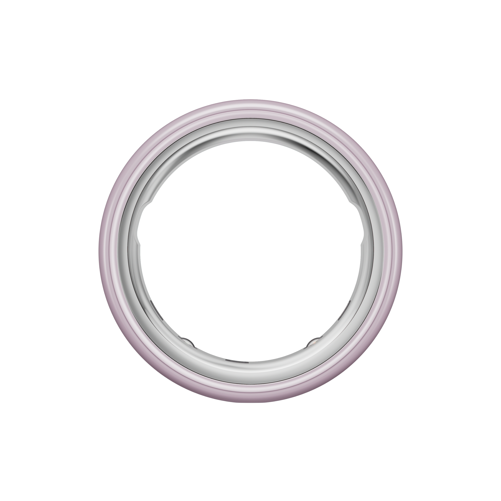 Ein ringförmiges Objekt mit einer hellvioletten Außenschicht und einer silbernen Innenschicht, isoliert auf weißem Hintergrund.