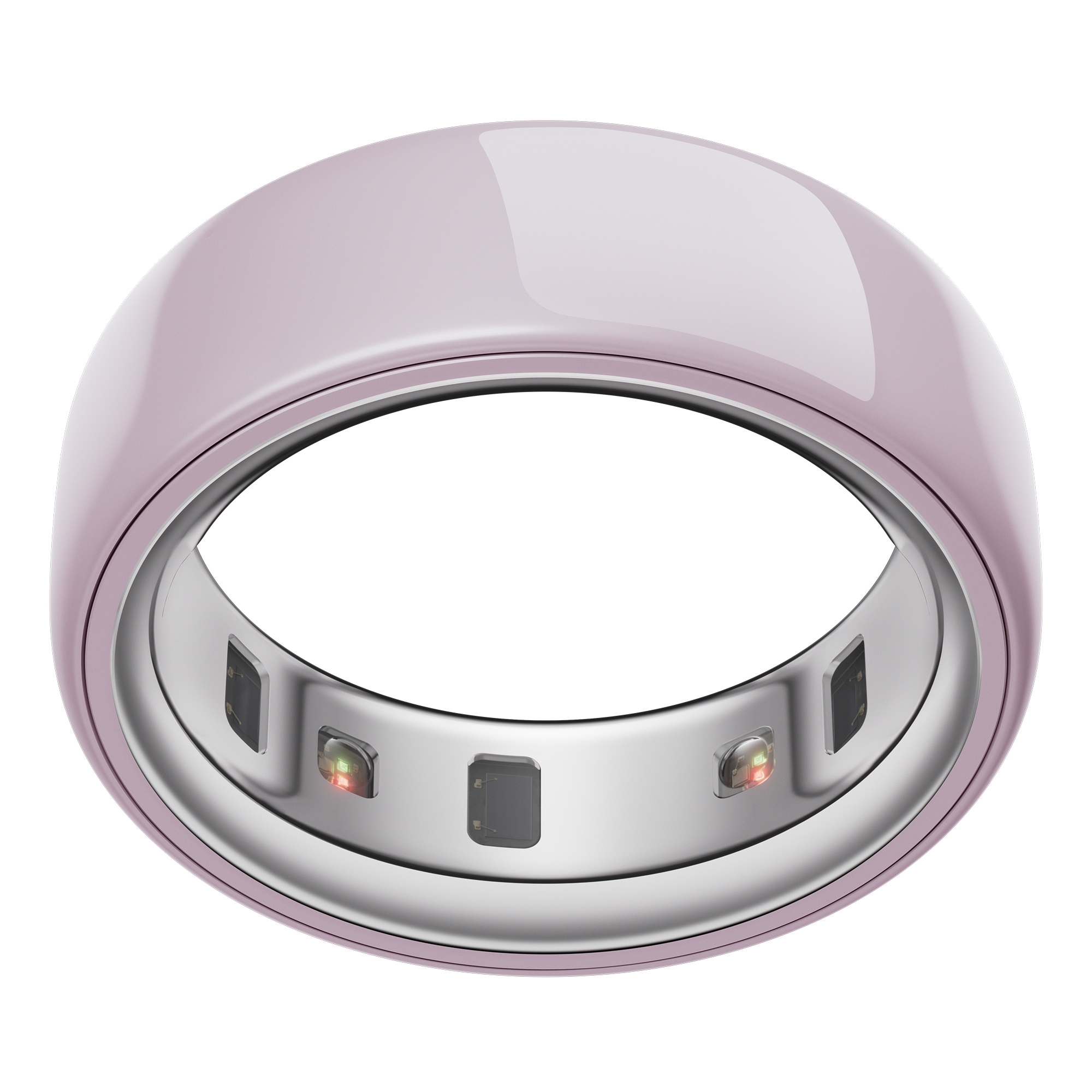 Ein pinkfarbener Smart-Ring mit silbernem Innenraum. Er hat Sensoren mit roten und grünen Lichtern. Der Hintergrund ist weiß.