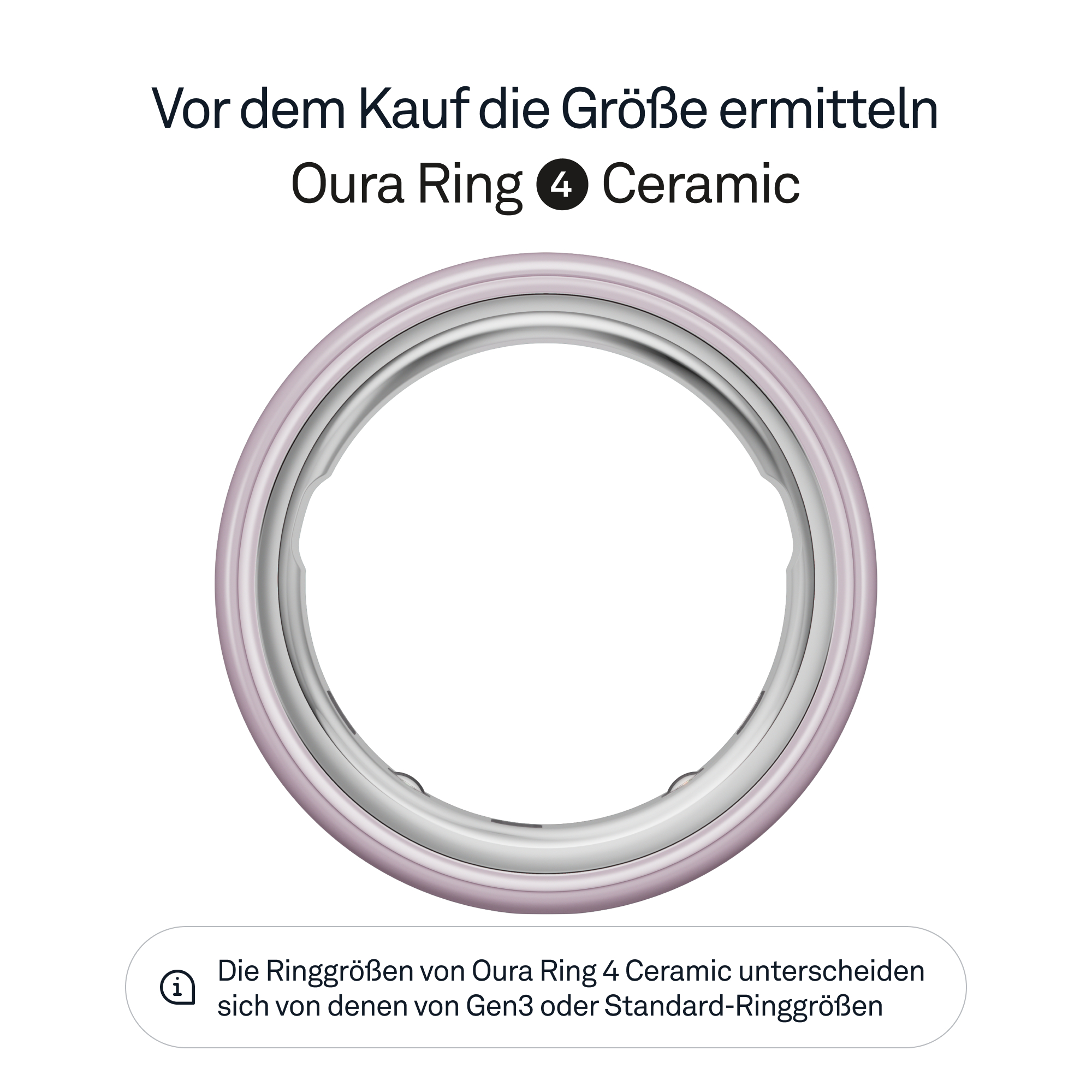 Ein rosa-silberner Oura Ring 4 Ceramic. Text: 'Größe vor dem Kauf ermitteln'.