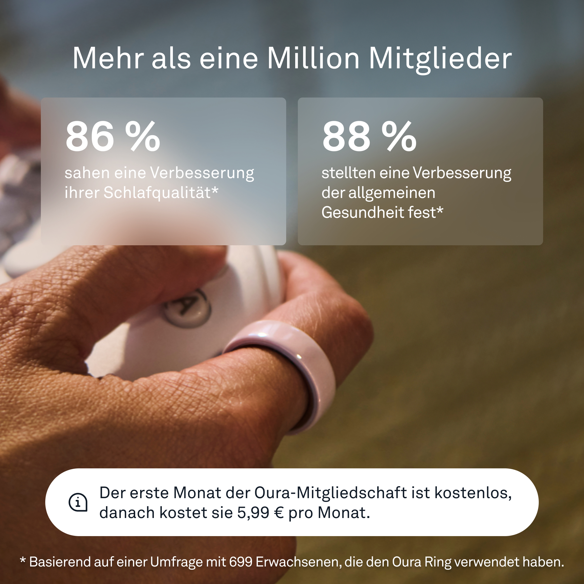Eine Hand mit einem rosa Ring und Text über Schlaf- und Gesundheitsverbesserungs-Prozentsätze. Text enthält auch Mitgliedschaftskosten.