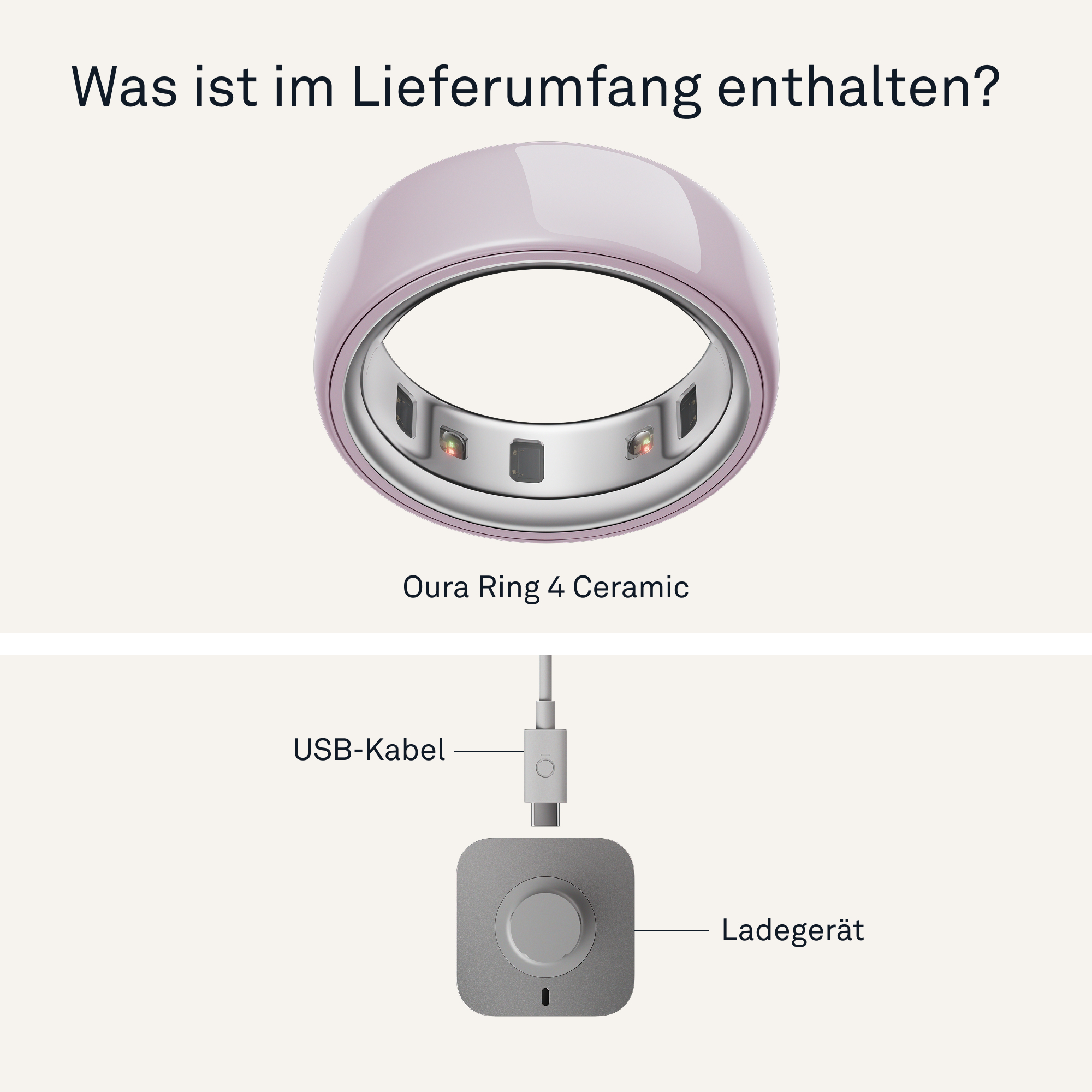 Das Bild zeigt Oura Ring 4 Ceramic, USB-Kabel und ein Ladegerät. Der Text lautet: Was ist enthalten?