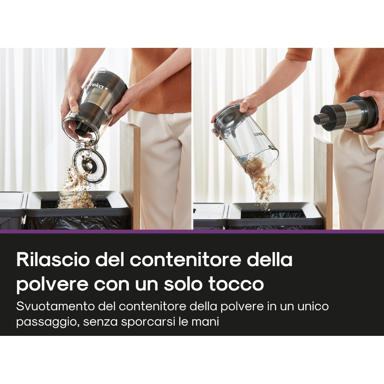 Le mani svuotano il contenitore della polvere di un aspirapolvere in un cestino. Il contenitore è trasparente, mostrando lo sporco.