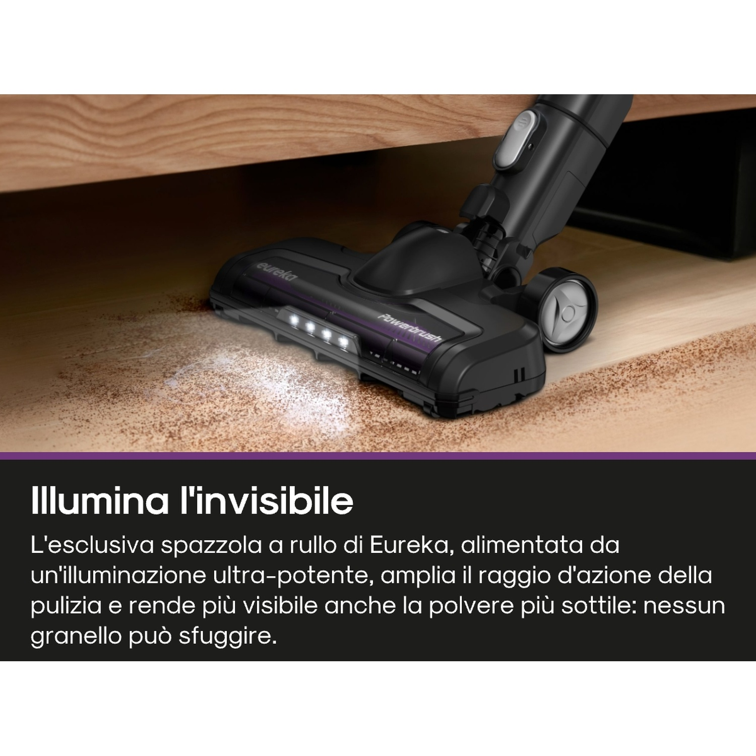 Testa di aspirapolvere Eureka nera illumina la polvere sotto mobili in legno. Il testo recita: 'Illumina l'invisibile'.