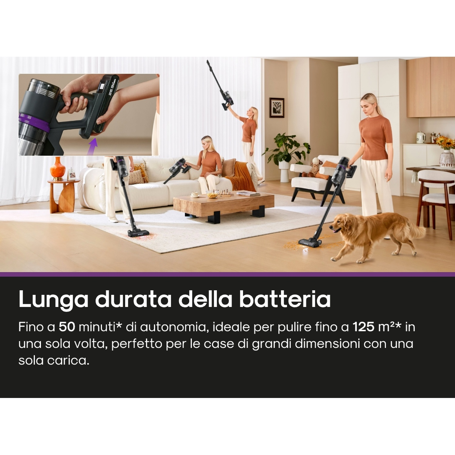 Una donna usa un aspirapolvere nero e viola in un soggiorno. Un cane golden retriever è vicino. Testo: Lunga durata della batteria.