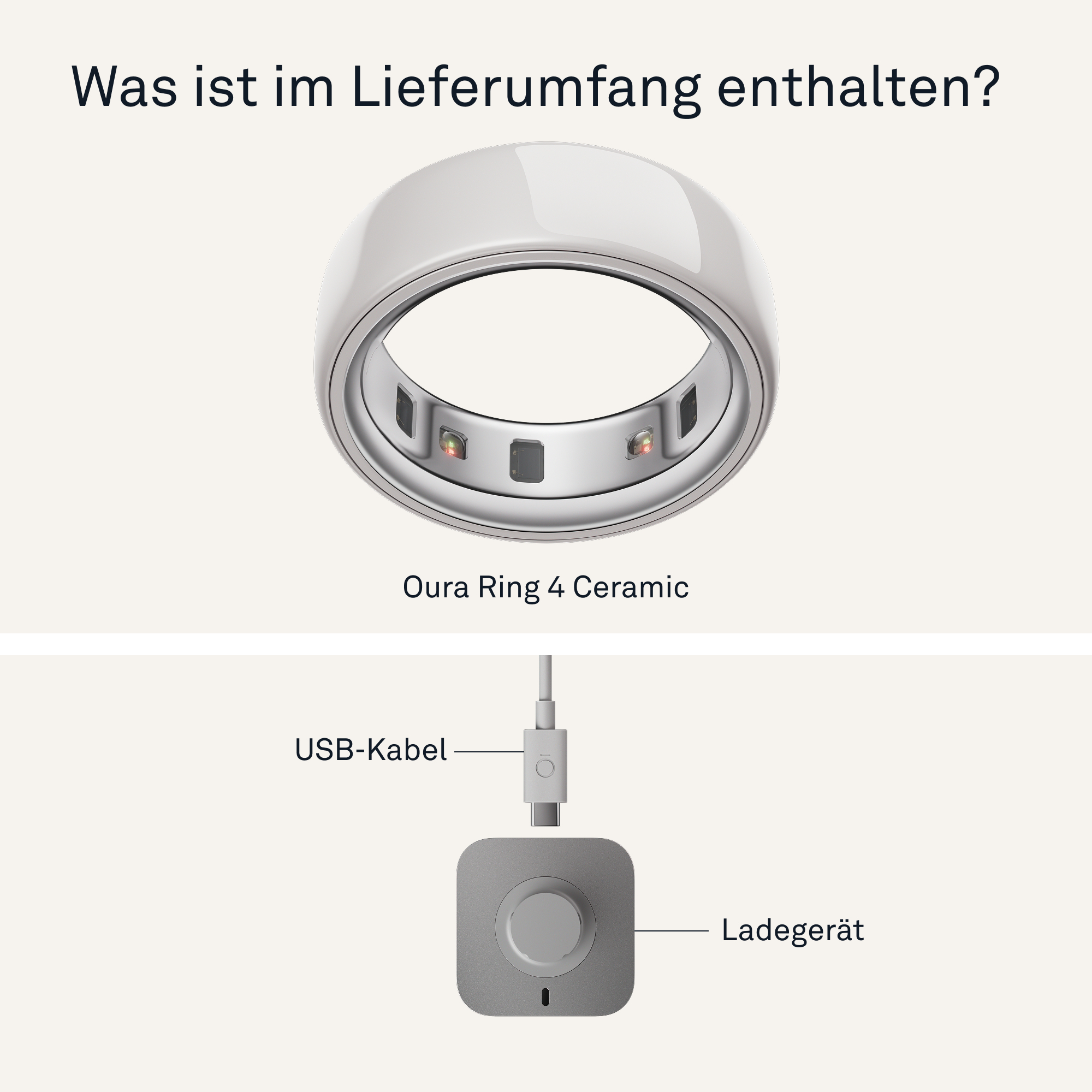 Das Bild zeigt Oura Ring 4, USB-Kabel und Ladestation. Der Ring ist weiß und das Ladegerät grau.