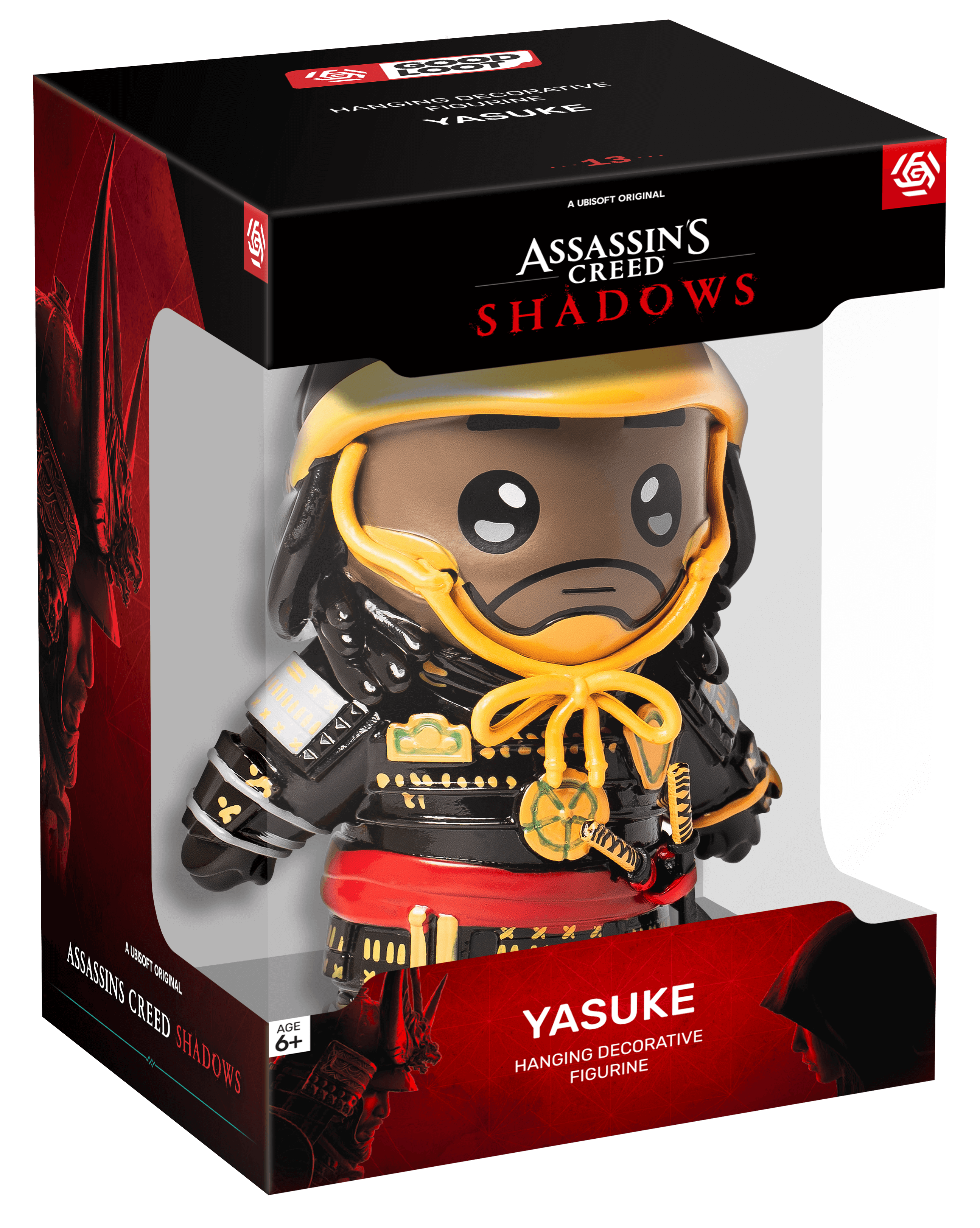 Figurka Yasuke w pudełku. Jest czarna, żółta i czerwona, z czerwonym pasem. Widoczne jest logo Assassin's Creed Shadows.
