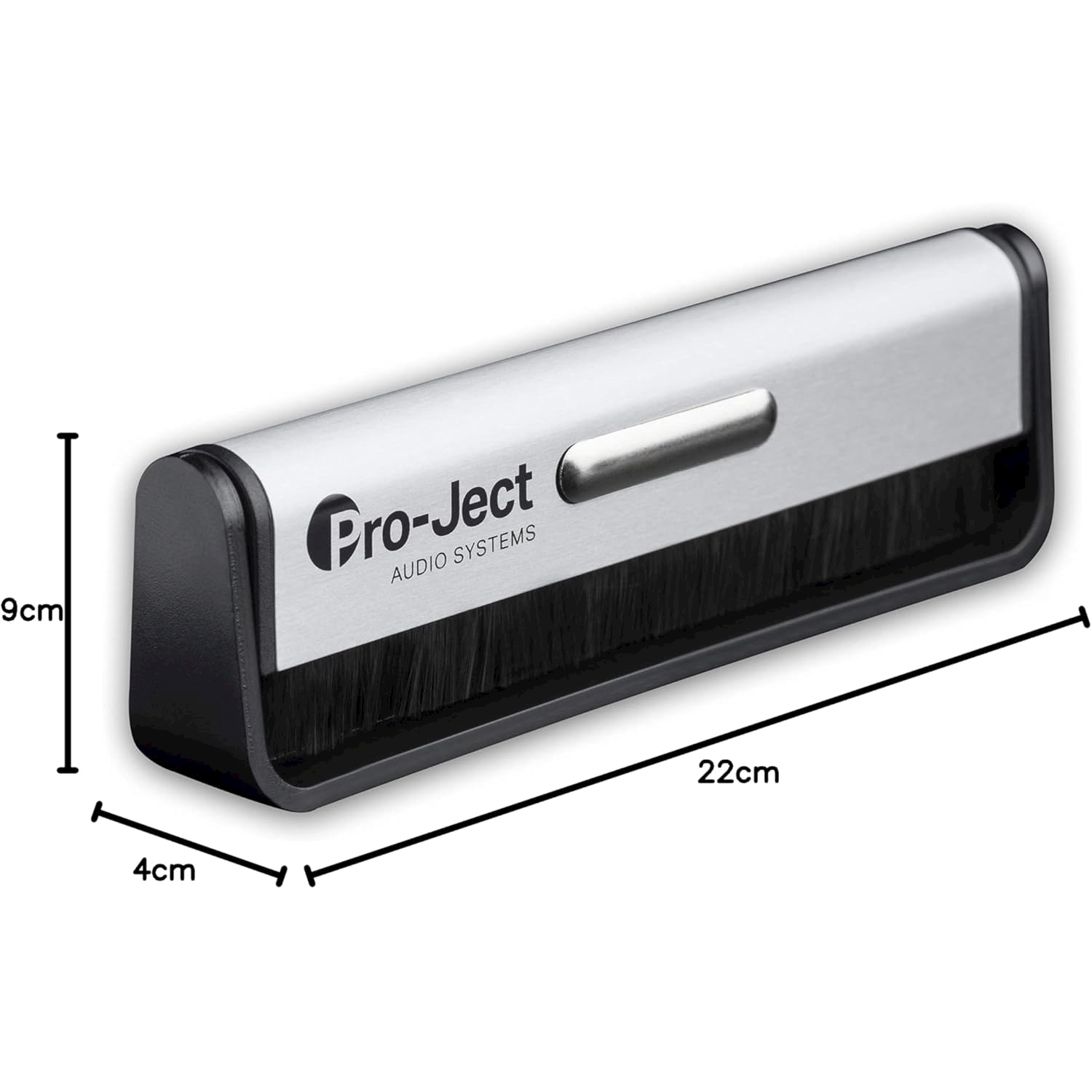 Spazzola per dischi Pro-Ject Audio Systems. Design rettangolare argento e nero, con setole nere, etichettato con dimensioni.