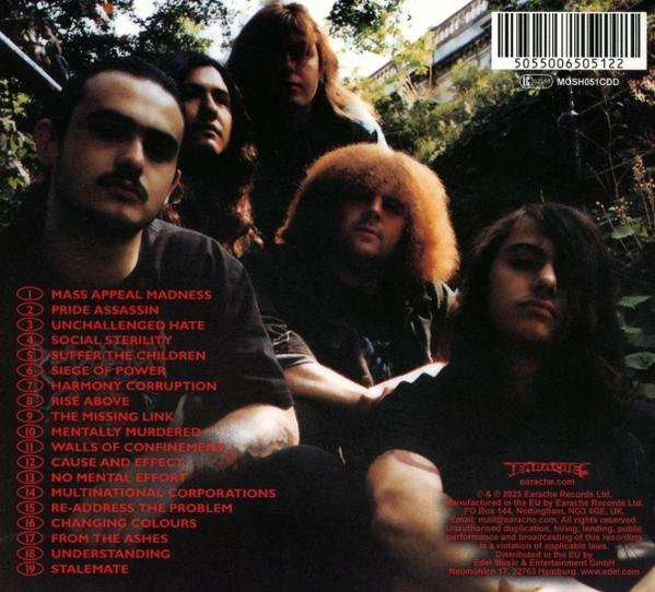 Bandfoto. Fünf Männer, lange Haare, dunkle Kleidung. Album-Trackliste links. Earache Records Logo rechts.