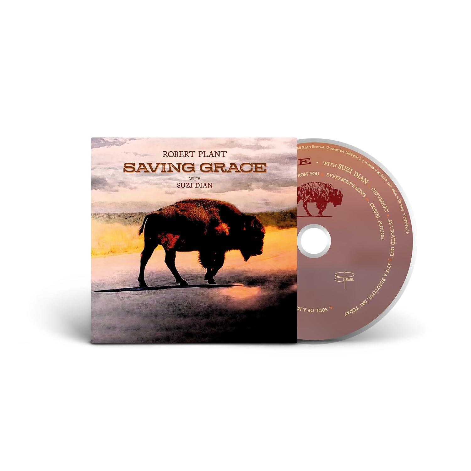 CD-Cover mit Büffelsilhouette. Titel: Saving Grace von Robert Plant mit Suzi Dian. CD ist braun mit Text.