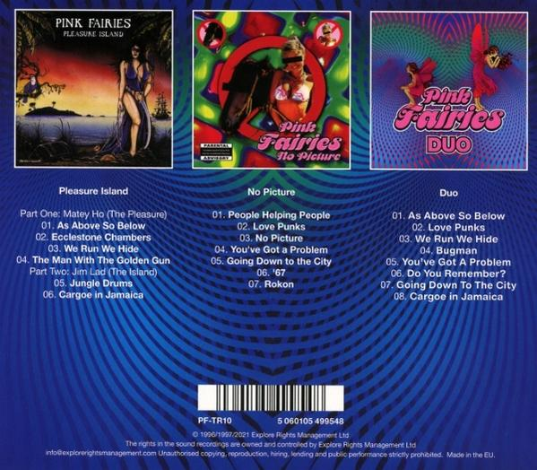 Drei Albumcover von Pink Fairies: Pleasure Island, No Picture und Duo.