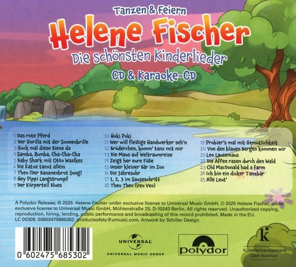 CD-Cover mit Titel 'Helene Fischer'. Cartoon-Szene mit Bäumen und See. Enthält eine Liste von Kinderliedern.