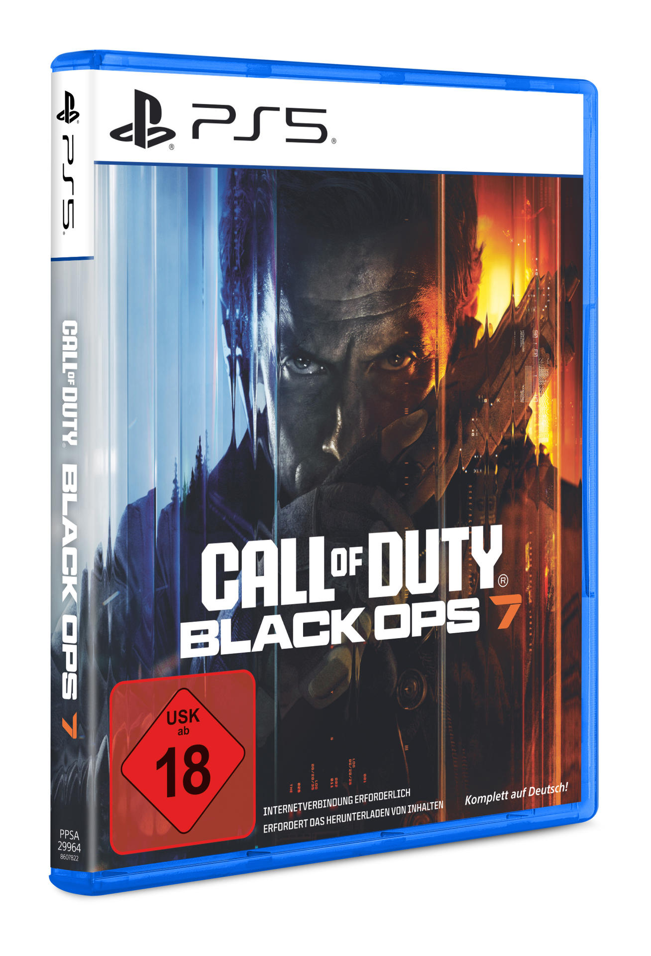 Spielhülle für Call of Duty: Black Ops 7. Zeigt einen Mann mit einer Waffe, das PS5-Logo und die USK 18-Bewertung.