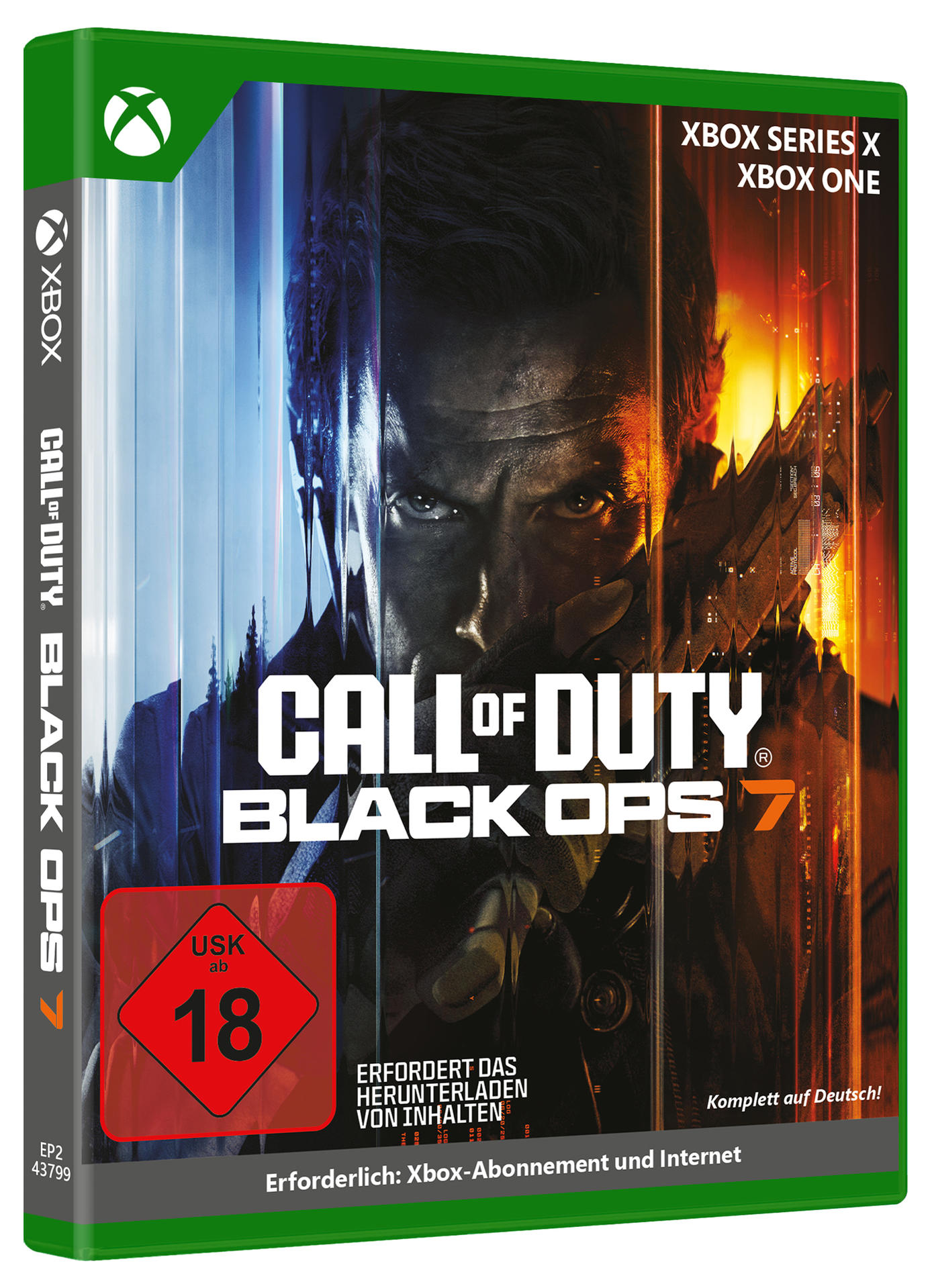 Spielcover für Call of Duty Black Ops 7. Zeigt ein geteiltes Männergesicht in Blau und Orange, mit Spieltitel und Altersfreigabe.