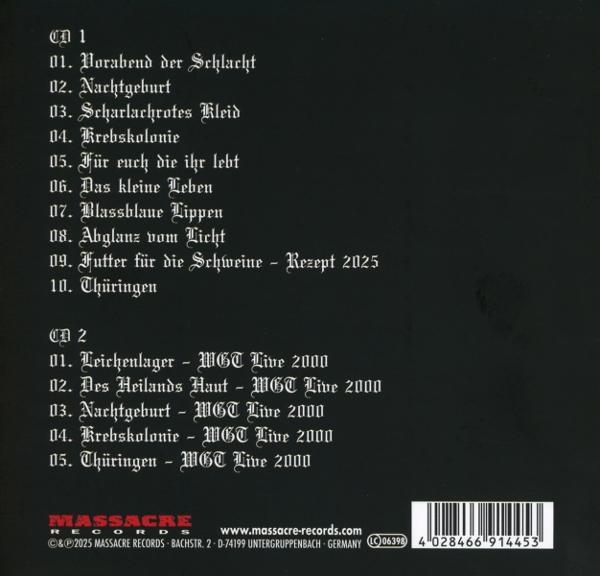 CD-Cover mit schwarzem Hintergrund, weißem Text mit Titeln und einem Barcode.