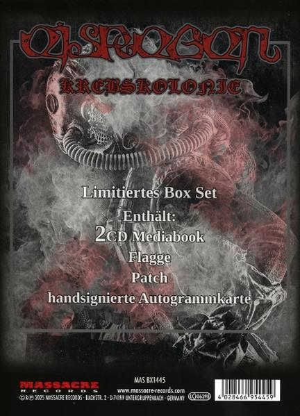 Albumcover-Kunst mit einer Gasmaskenfigur. Der Text enthält "Kretskolonie", "Limited Box Set" und enthaltene Artikel wie eine Flagge und ein Patch.