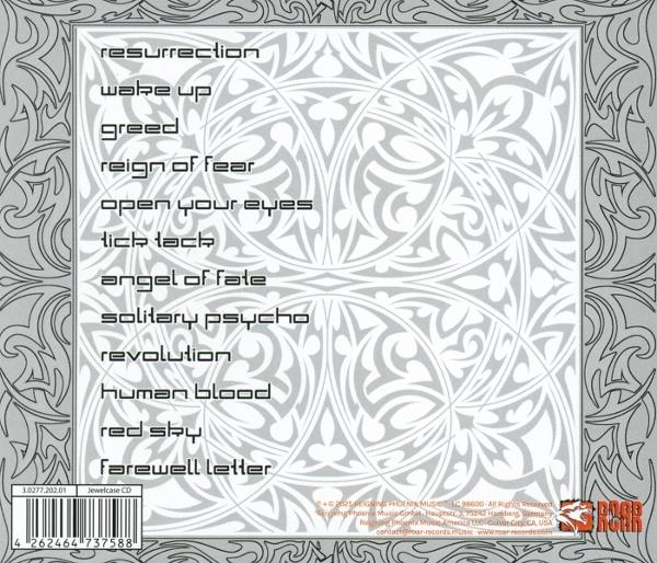 Rückseite eines CD-Covers mit Songliste auf ornamentiertem Hintergrund.