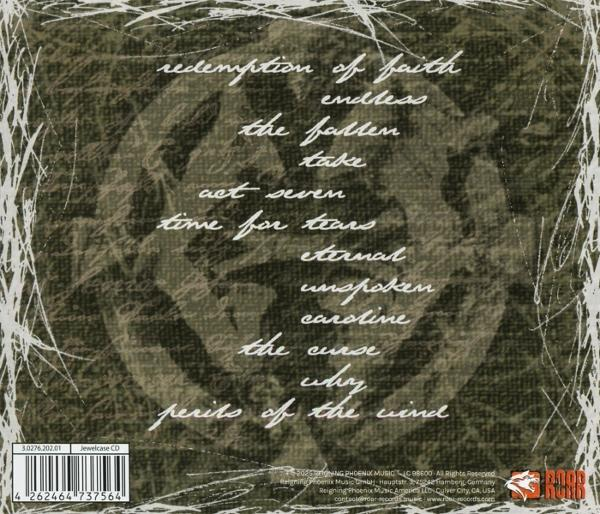Rückseite CD-Hülle mit Songtiteln auf dunklem Hintergrund und weißer Schrift.