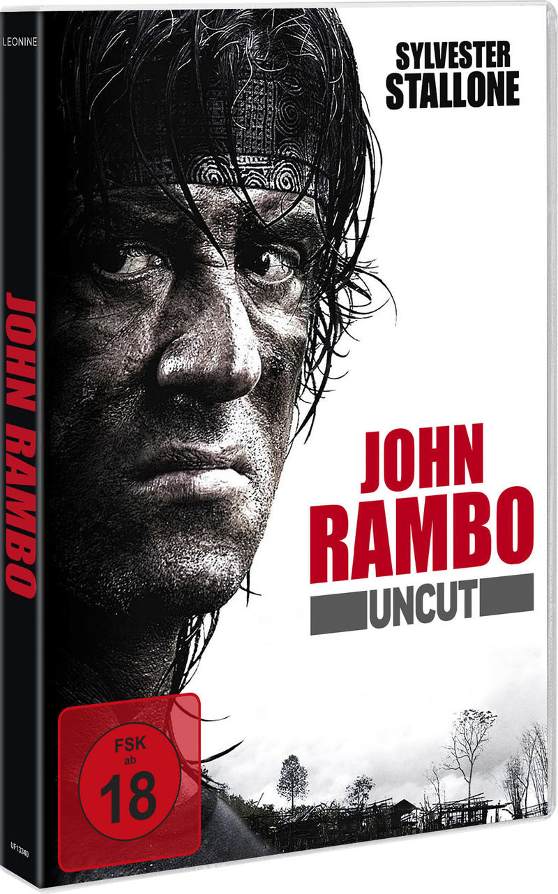 John Rambo mit Bandana, schmutzigem Gesicht und Sylvester Stallone-Logo.