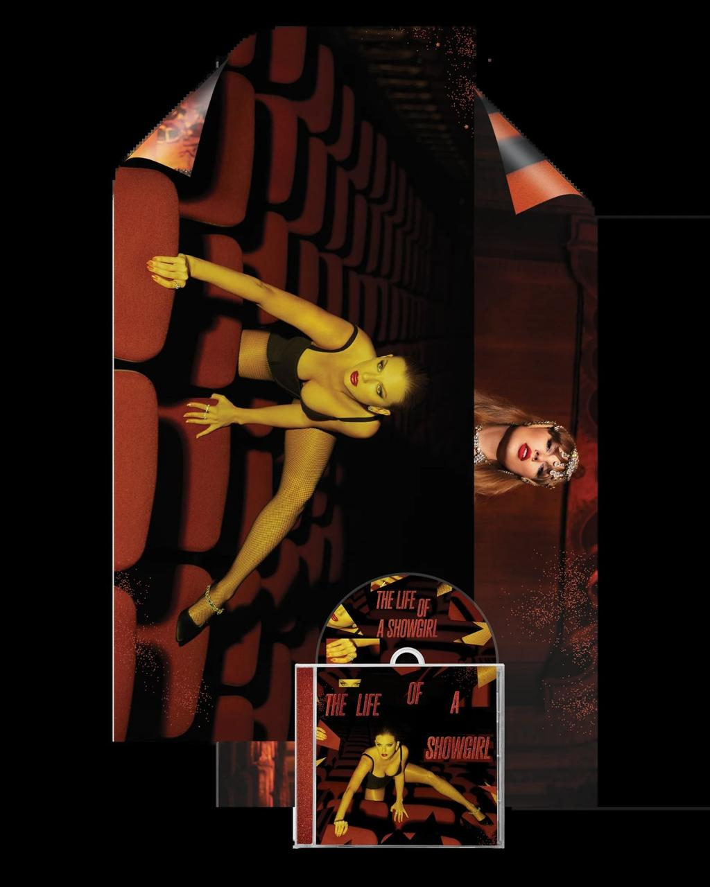 Eine Frau in Dessous posiert in einem Theater. Eine CD und Hülle sind darunter, betitelt 'The Life of a Showgirl'.
