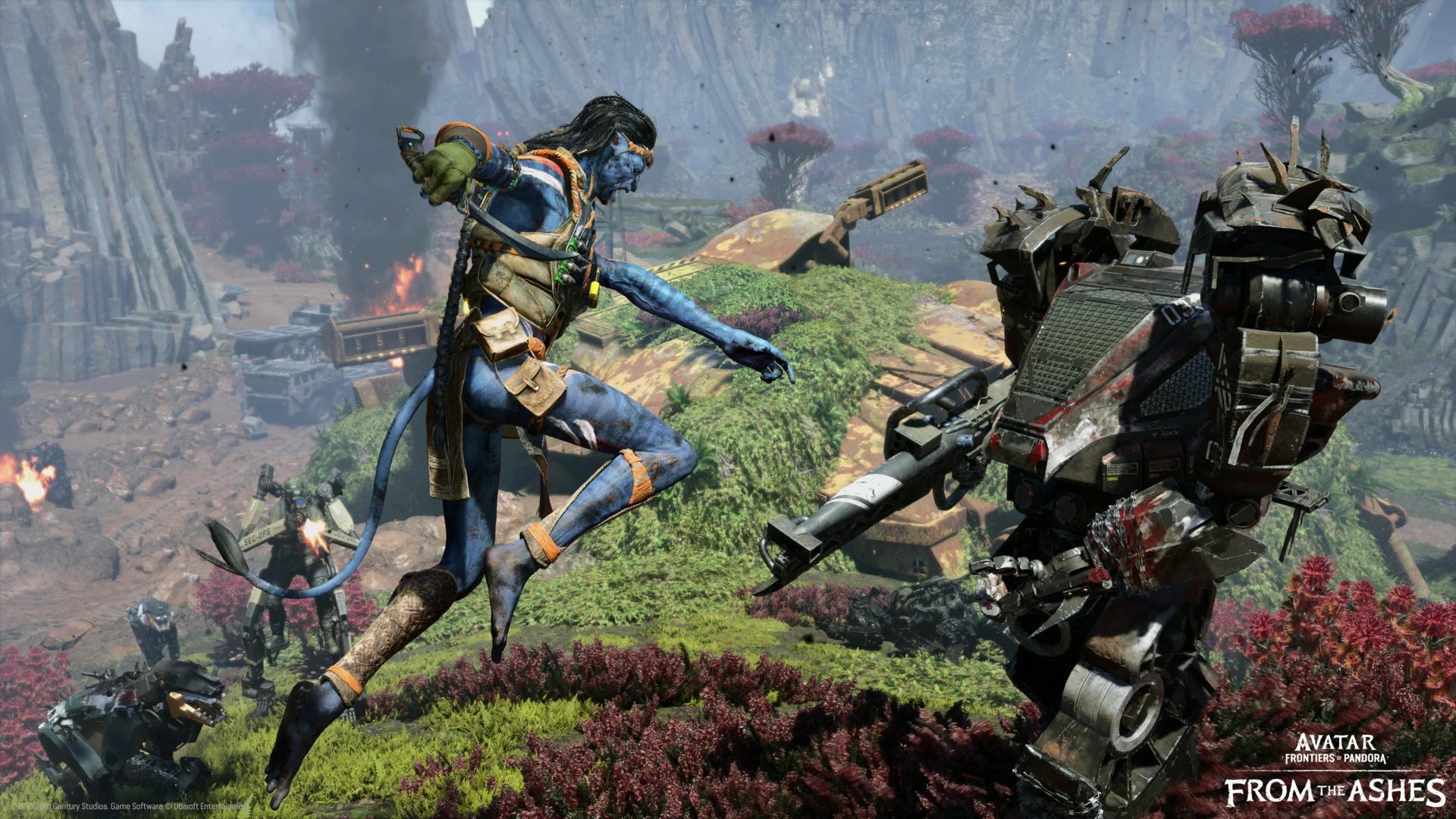 Ein blauer Alien-Charakter kämpft gegen einen Mech. Die Szene zeigt Explosionen und eine lebendige Landschaft mit roter und grüner Vegetation.
