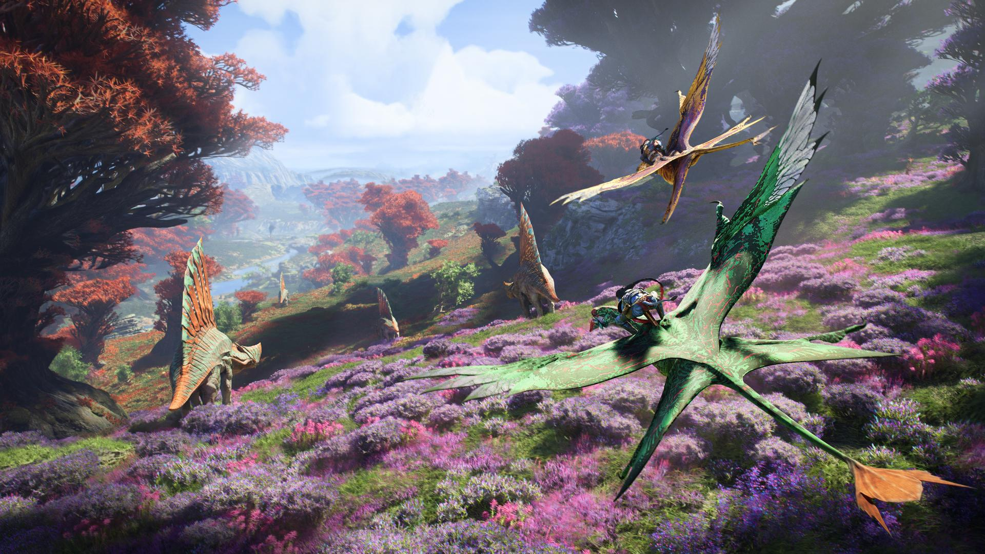 Fantasielandschaft mit fliegenden Kreaturen und Reitern. Lila und grüne Flora bedeckt die Hügel, mit rotblättrigen Bäumen und blauem Himmel.