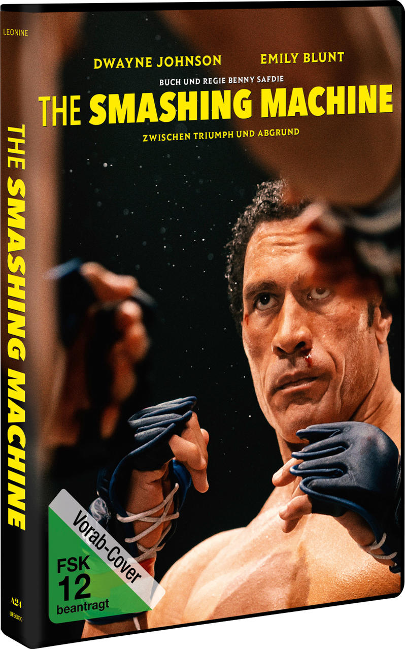 Filmcover mit Dwayne Johnson. Er ist in Kampfhaltung. Der Titel lautet 'The Smashing Machine'. Enthält deutschen Text.