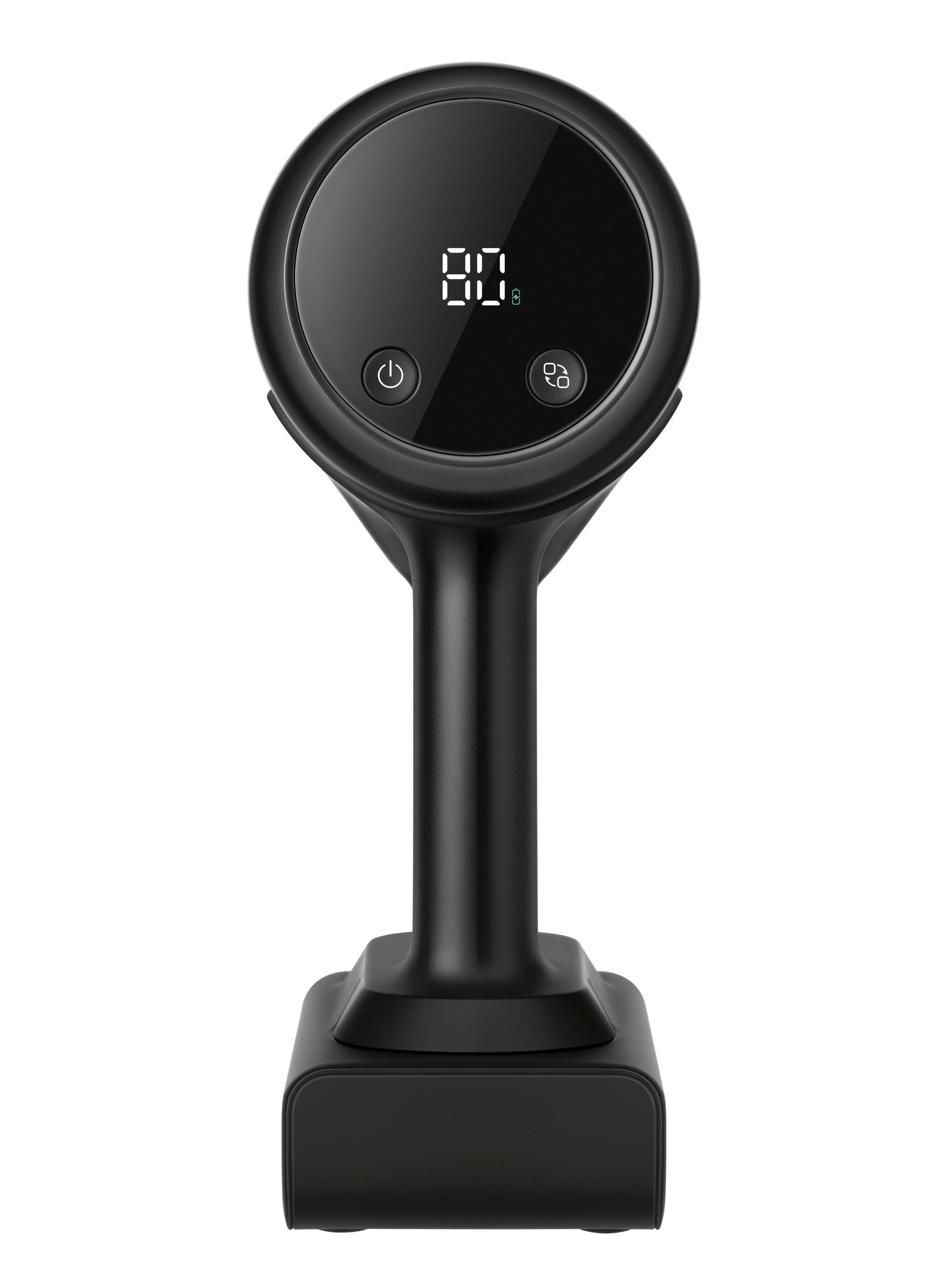 Schwarzes Handgerät. Es hat ein rundes Display mit digitaler Anzeige von 80. Das Gerät hat einen Ein-/Ausschalter.