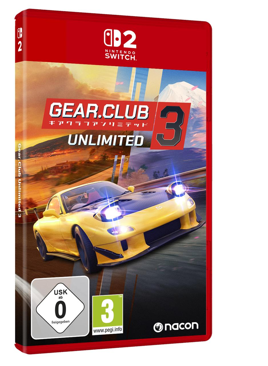 Gelber Sportwagen auf Rennstrecke, Nintendo Switch Spielcover mit "Gear.Club Unlimited 3".