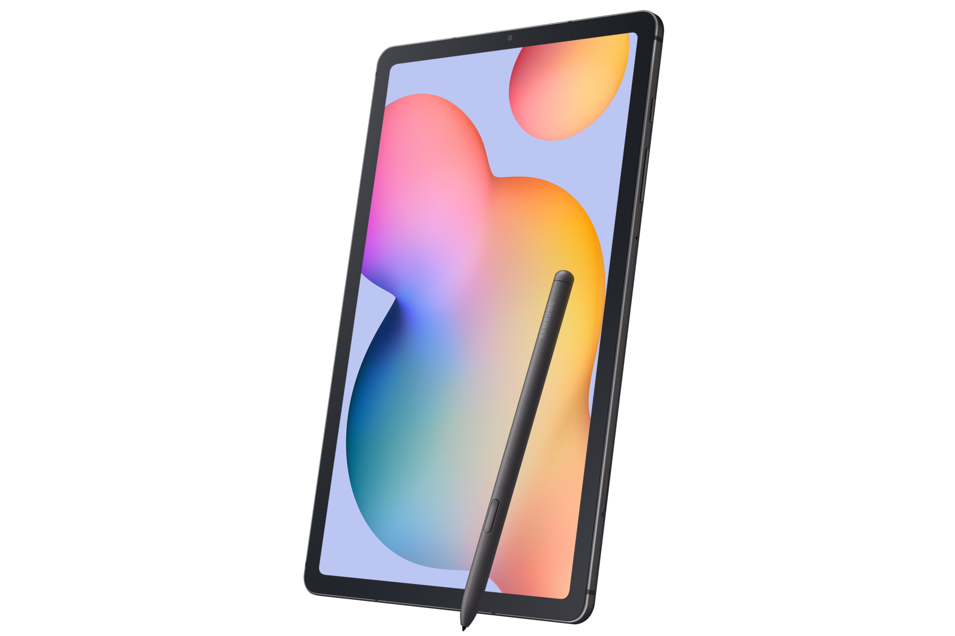 Tablet Samsung z rysikiem. Ekran wyświetla kolorowe kształty. Tablet jest ustawiony pod kątem na czarnym tle.