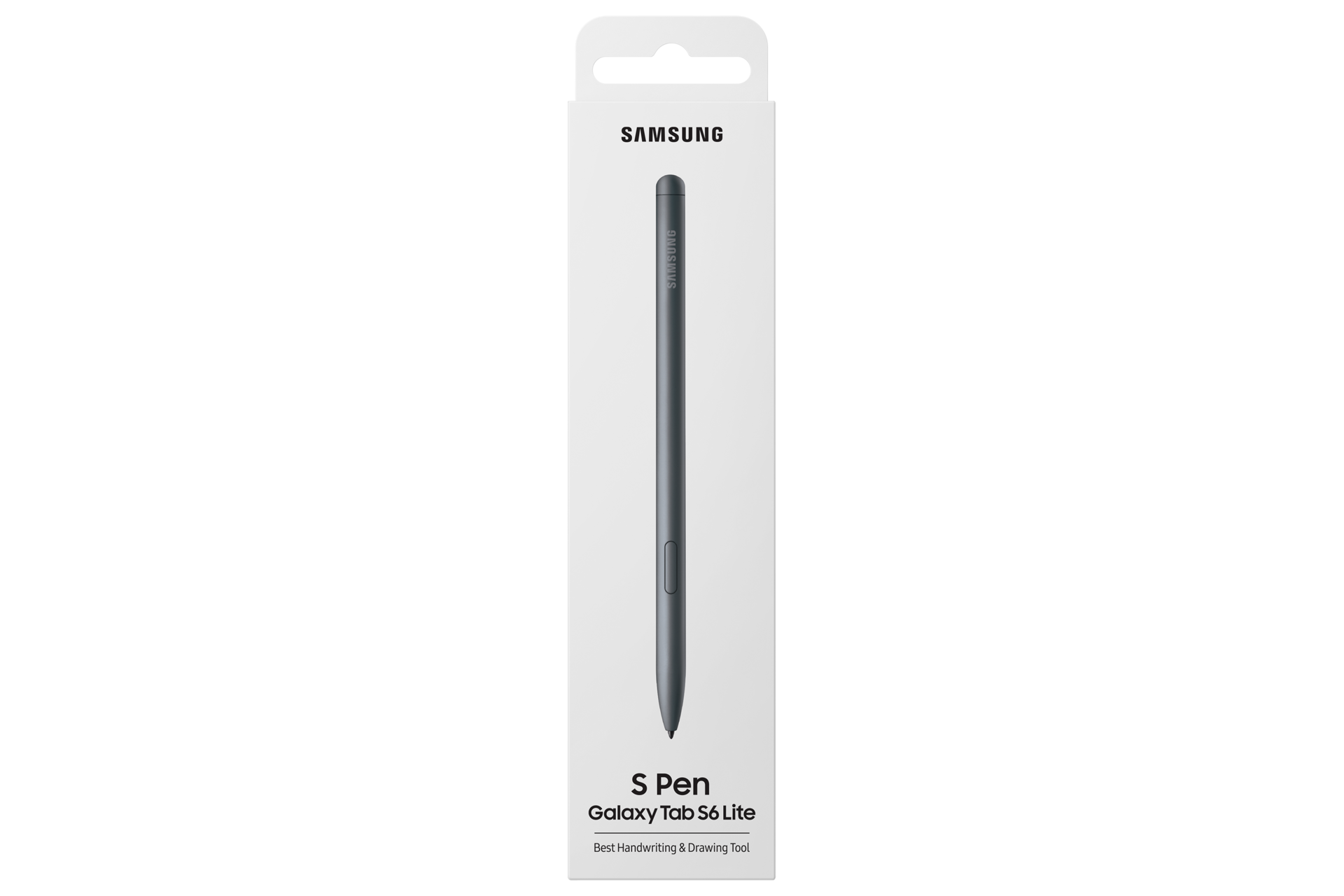 Samsung S Pen do Galaxy Tab S6 Lite w opakowaniu. Pióro jest szare, opakowanie białe z czarnym tekstem.