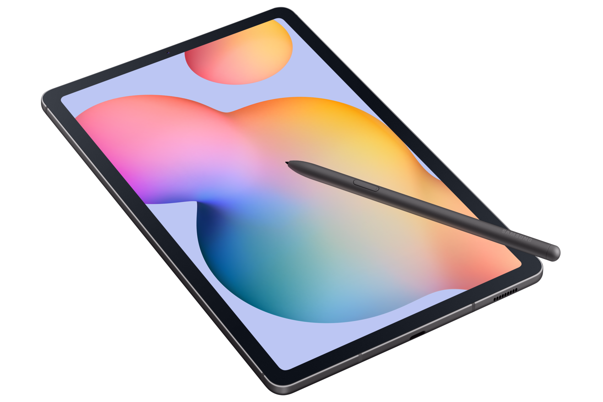 Pokazano tablet z rysikiem. Ekran wyświetla kolorowe gradienty. Tablet jest srebrny, a tło czarne.