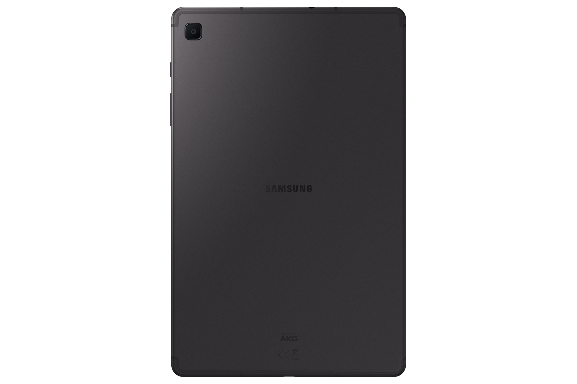 Widok z tyłu ciemnoszarego tabletu Samsung na czarnym tle. Widoczny aparat i logo Samsunga.