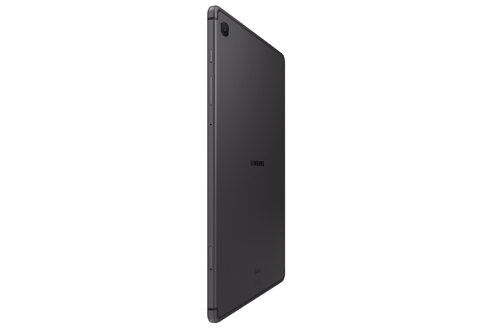Ciemnoszary tablet Samsung jest pokazany z boku, lekko pochylony. Ma aparat i przyciski. Tło jest czarne.