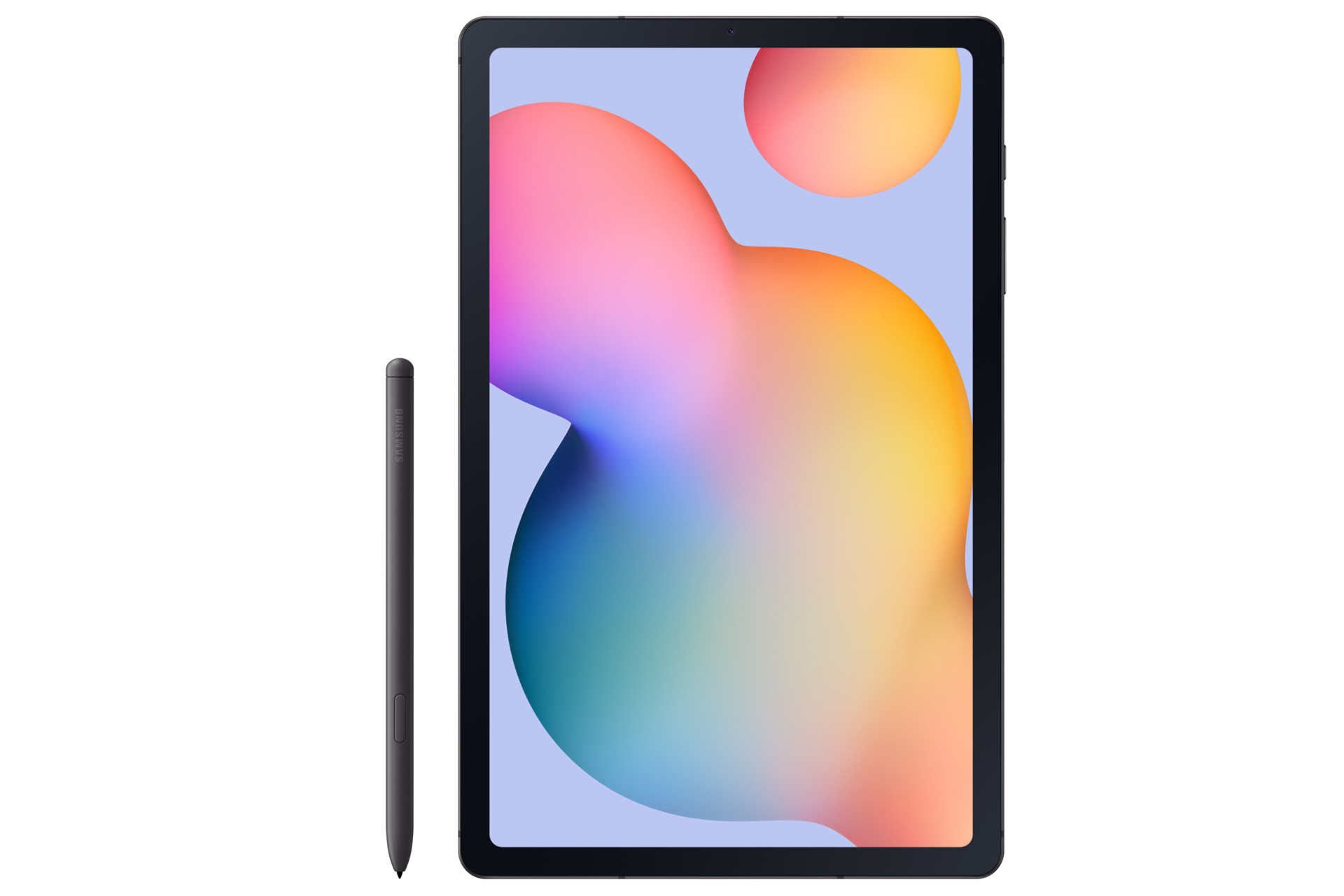 Tablet i rysik na czarnym tle. Ekran tabletu wyświetla kolorowy abstrakcyjny wzór. Rysik znajduje się po lewej stronie tabletu.