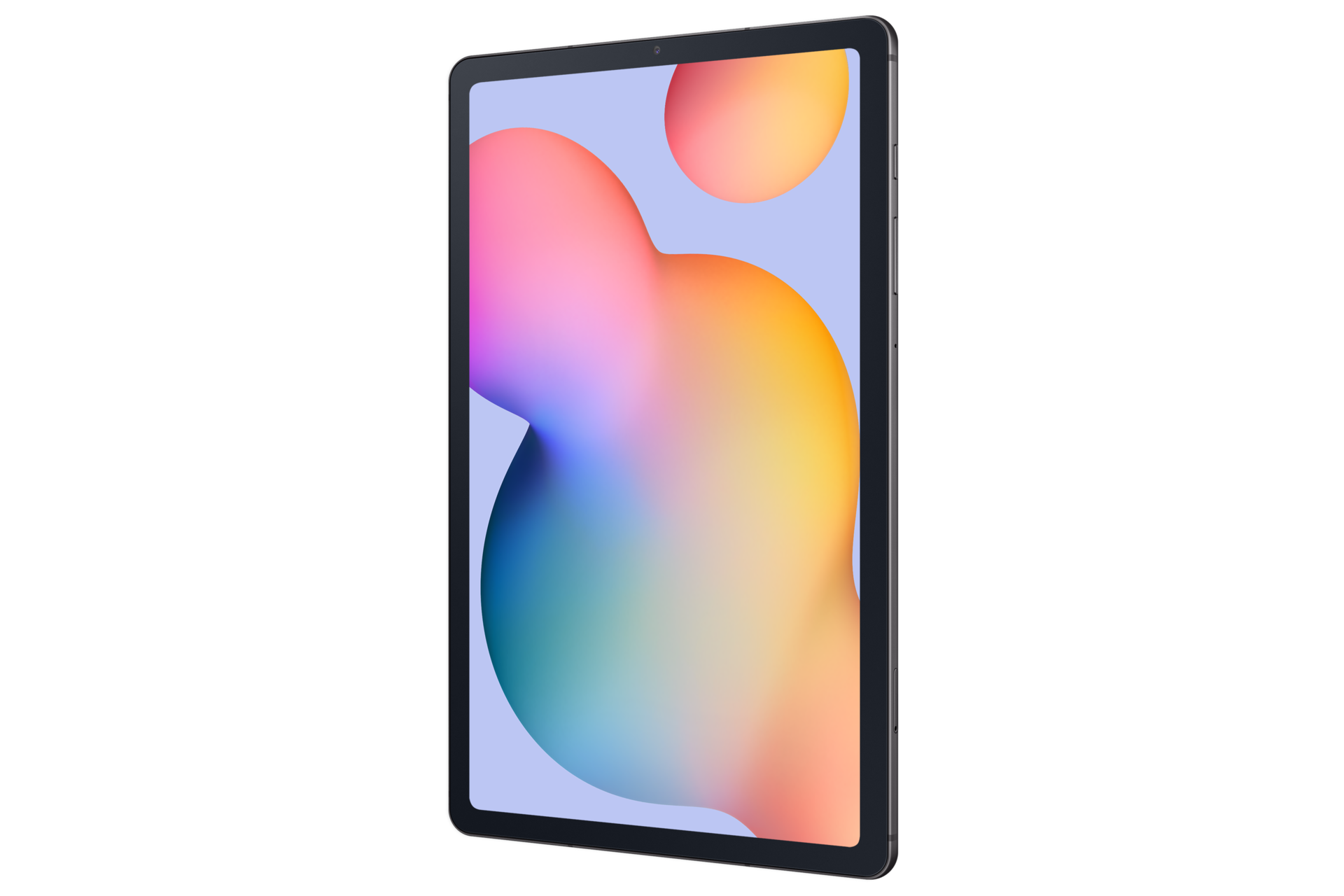Tablet z kolorowym abstrakcyjnym tłem, czarną ramką i aparatem u góry. Jest pochylony w prawo.