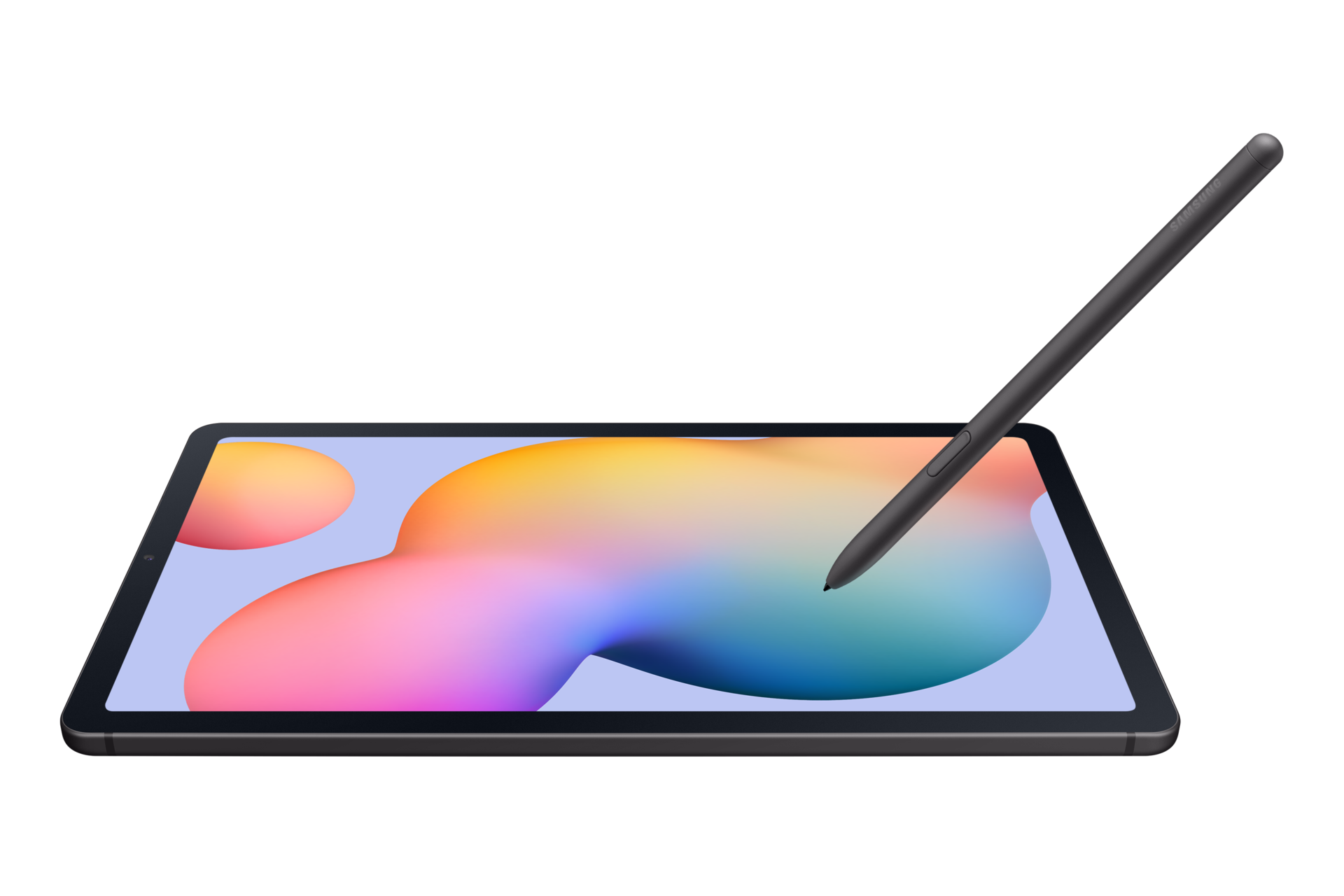 Tablet z rysikiem na czarnym tle. Ekran wyświetla kolorowy, abstrakcyjny wzór.
