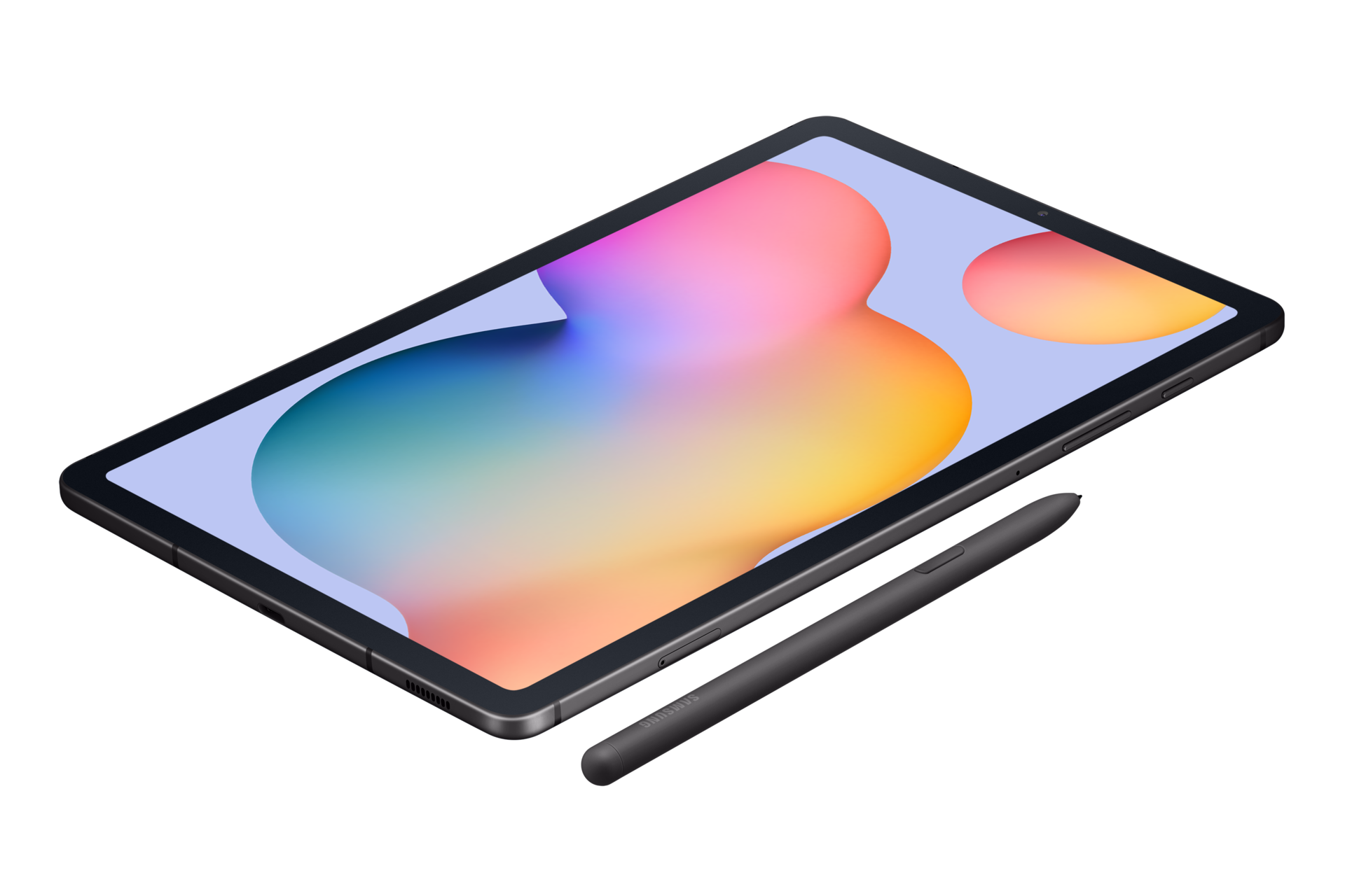 Czarny tablet z kolorowym ekranem i rysikiem na czarnym tle.