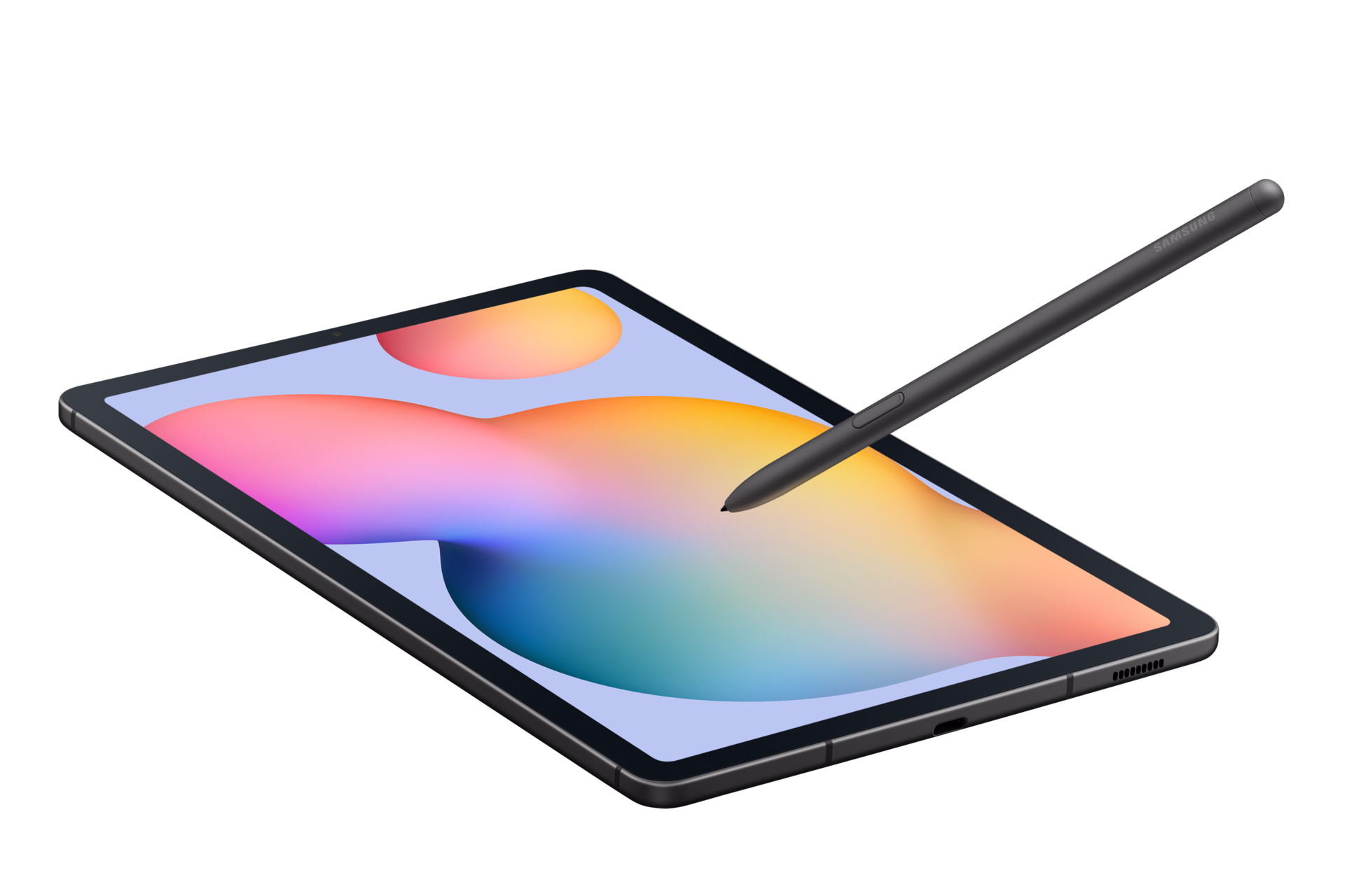 Tablet z rysikiem. Ekran wyświetla kolorowy gradient. Rysik unosi się nad ekranem.