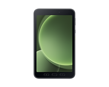 Czarny tablet z zielono-białym abstrakcyjnym tłem na ekranie, na czarnym tle.