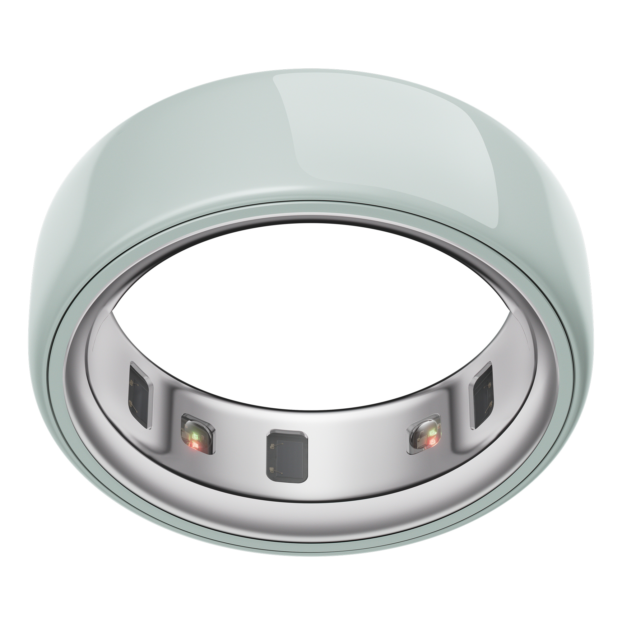 Ein hellgrüner Smartring mit Sensoren im Inneren. Der Ring befindet sich auf weißem Hintergrund.