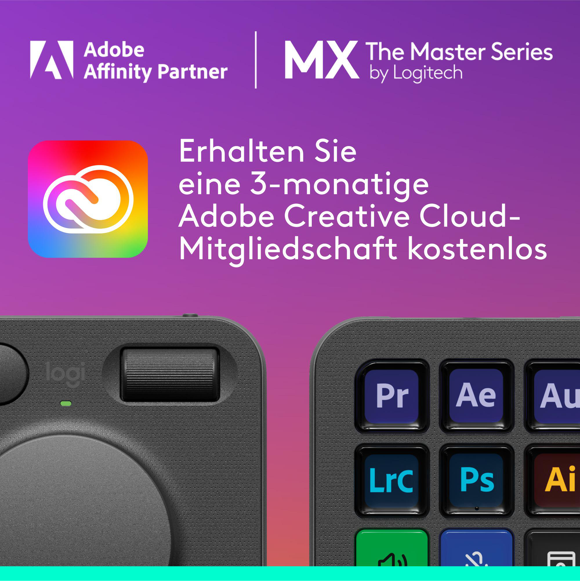 Das Bild zeigt eine Logitech MX Master Series-Werbung mit Adobe-Logos und einem Bedienfeld. Es bietet eine 3-monatige Adobe Creative Cloud-Mitgliedschaft.