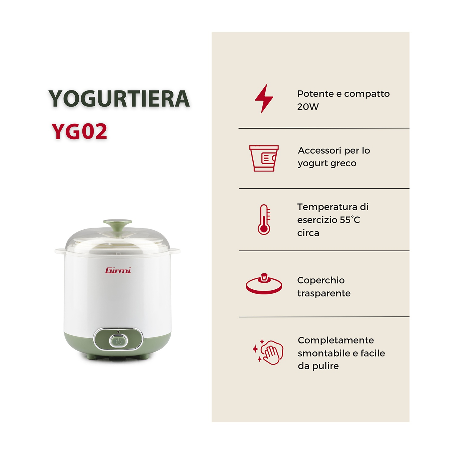 Una yogurtiera bianca e verde con coperchio trasparente. Il testo include 'YOGURTIERA YG02' e le caratteristiche del prodotto.